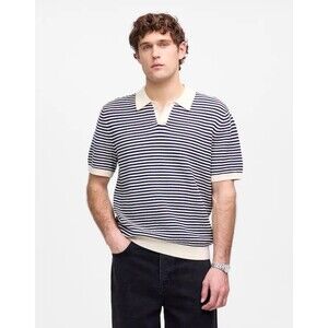Madewell Mens Pointelle Stripe Sweater Polo Navy Old Money quiet luxury preppy L